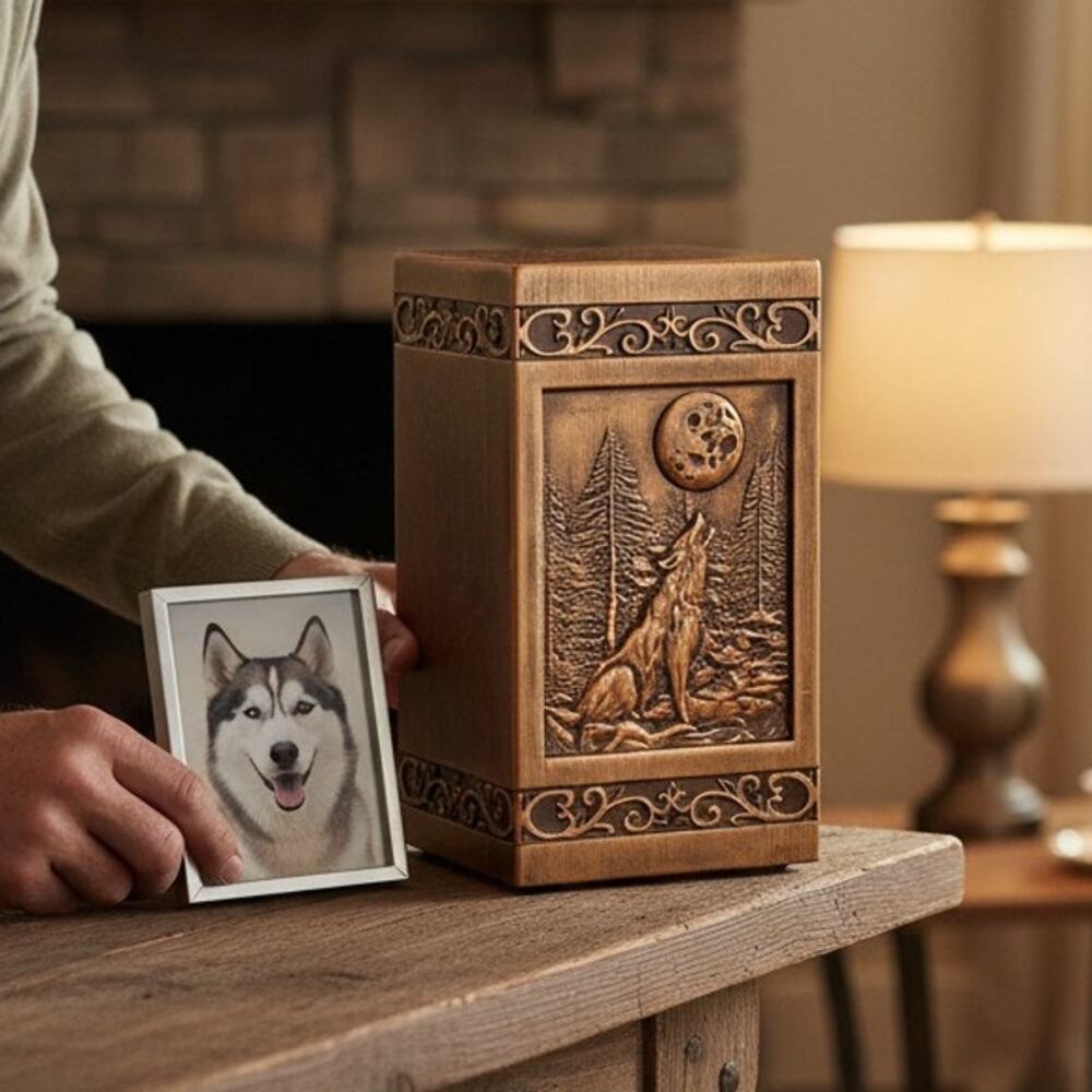 KIMNAG Wolf Wooden Cremation Urn 250 Cu In Adult Ashes Open Box New